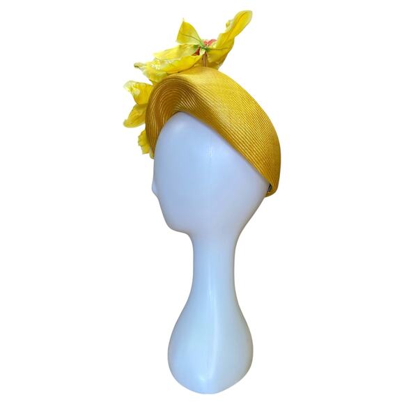 1980s Jack McConnell Yellow Tilt Hat | Vintage Floral Derby Church Hat main image 6